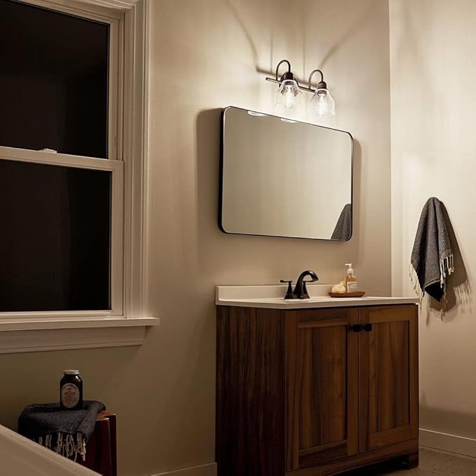 Kichler Avery 15" Bathroom Vanity Industrial 2 Light Wall Fixture with Clear Seeded Glass in Black, for Bathroom (8.25" x 15" x 9.5") 45972BK