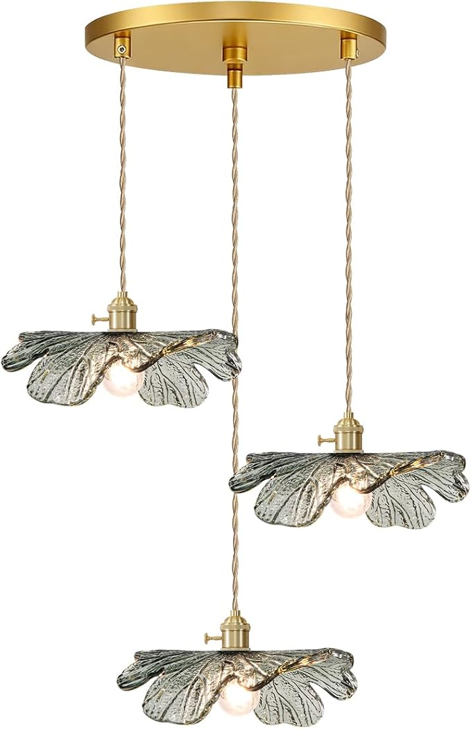 Gold Brass Chandelier 3-Light Retro Hanging Pendant Light Fixtures Dark Green Glass Shade Mid Century Modern Chandelier for Dining Room Farmhouse Living Room