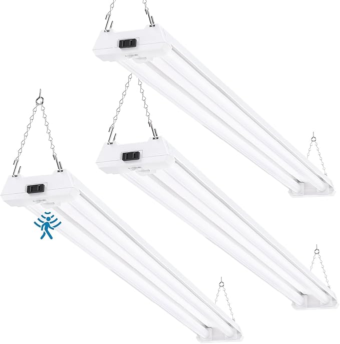 Sunco Motion Sensor 4ft LED Shop Light, Garage Lights Ceiling LED Plug-in Fixtures, 40W, 5000K Daylight, 4300 Lumens, Frosted, Motion Activated, Linkable Suspension Mount, ETL 3 Pack