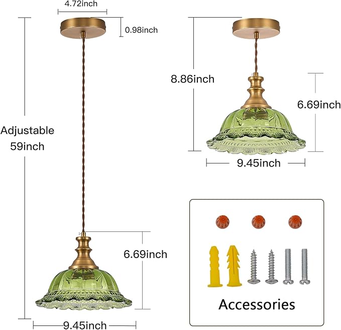 HDDFL Glass Pendant Lights Modern Pendant Lighting Fixtures Hanging Lamp for Kitchen Island Bedroom Dining Room Coffee Shop Hallway Green and Brass 2 Pack