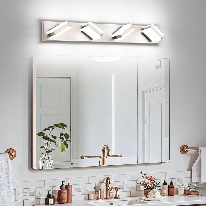 SOLFART Bathroom Vanity Lights Brushed Nickel LED Lighting, LED Bathroom Light for Bath, 4 Light Vanity Lighting Above Mirror Cool Light 6000K