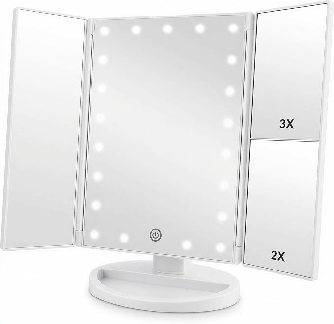 Infitrans Trifold Makeup Mirror Vanity Mirror with Lights,1X 2X 3X Magnification,Touch Control,Adjustable Rotation,Dual Power Supply,Portable Travel Cosmetic Mirror,Birthday Gifts for Women,Teengirls