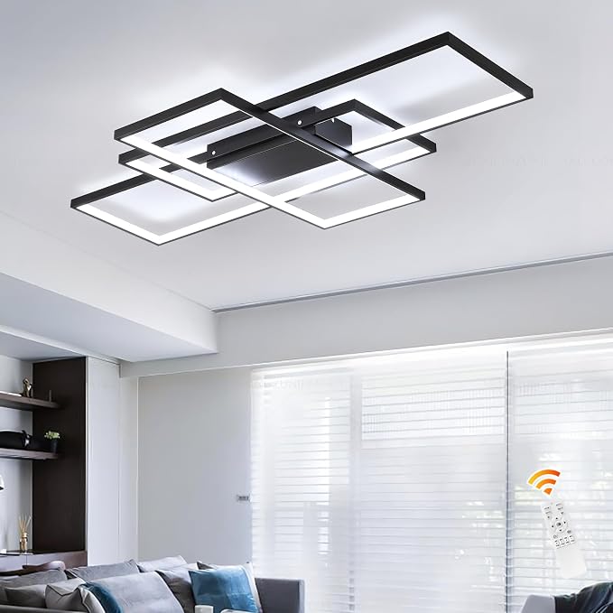 GEADI 35.4" Modern LED Ceiling Light, Dimmable Flush Mount with Remote | Black Geometric Square Light Fixture with Adjustable Color Temperature for Kitchen, Bedroom, Dining Room and Hallway