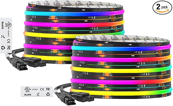 BTF-LIGHTING WS2811 Smart IC RGB FCOB COB LED Strip, UL Listed 630LEDs/m High Density Color Chasing Uniform Light, DC12V 32.8FT 10mm Width Black PCB for Home Party DIY Decor(No Adapter or Controller)