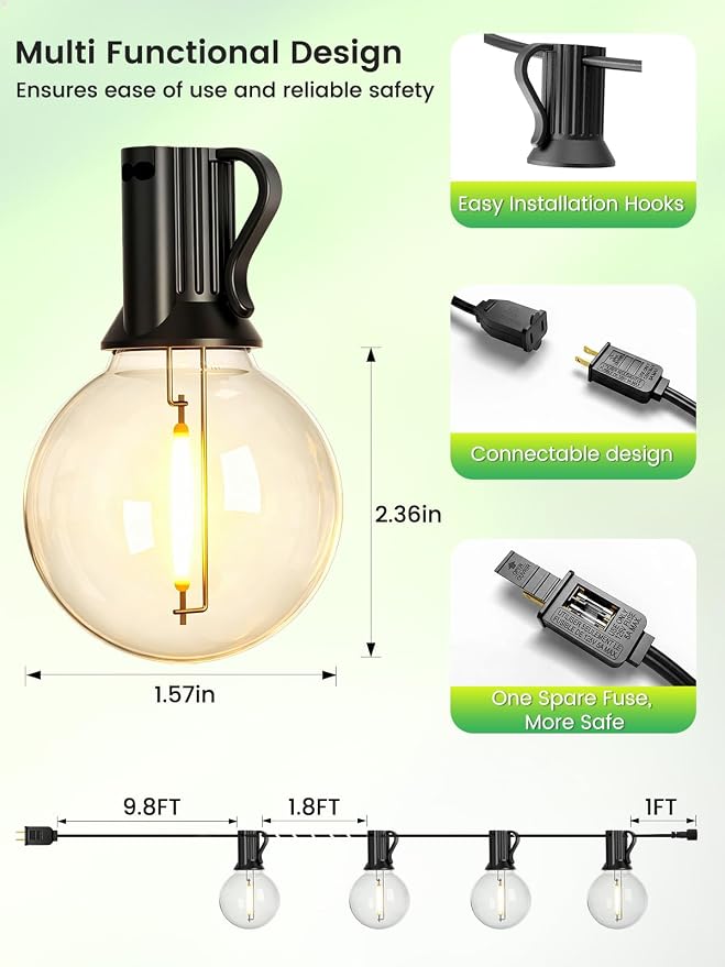 LACHON Outdoor String Lights Waterproof 100 FT with 50 G40 IP65 Bulbs | Dimmable,Connectable,Shatterproof,2700K Warm White,Perfect For Any Outdoor Space,Patio,Backyard,Cafe,Bistro,Porch,Market