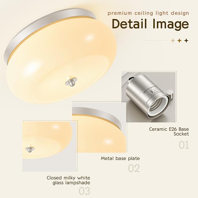 2-Light Brushed Nickel Ceiling Light,11.02in Milky White Glass Shade | Mid-Century Modern Metal Base, E26 Ceramic socket, Hallway, Kitchen, Bedroom, Bulb Not Included