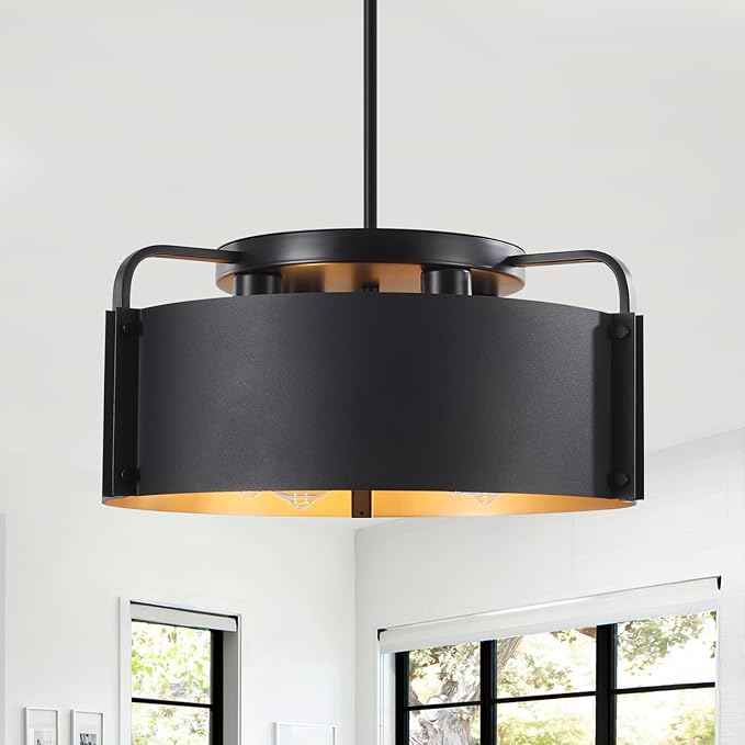 Chandeliers for Dining Room, Matte Black Industrial Drum Chandeliers 18" Large 4-Light Farmhouse Chandelier for Foyer Entryway Kitchen Hallway Bedroom, E26 Base(Not Included Bulb)