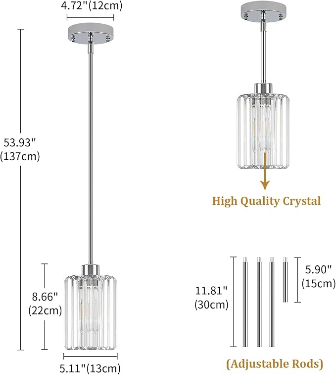 2 Pack Chrome Crystal Pendant Lights Kitchen Island, Modern Kitchen Pendant Lighting Over Island Dining Room Light Fixtures Adjustable Hanging Pendant Light for Bathroom Hallway Entryway Bedroom Foyer