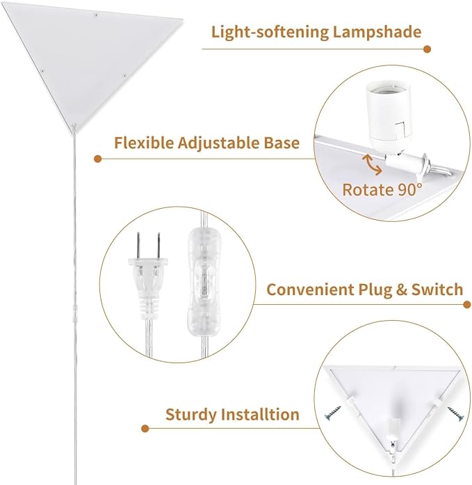 Corner Light with Switch, Triangle Corner Lamp, 1 Pack | White Acrylic Shade, Plug in Ceiling Light Safe for Kids & Pets, Ceiling Corner Lights for Living Room, Bedroom Dark Corner