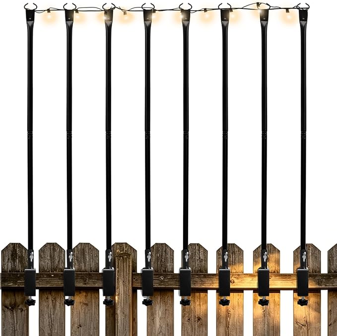 Patio Light Poles for String Lights, 4FT 8 Pack Deck Poles for String Lights with Fence-Friendly Clamps, String Light Poles for Deck Railing Clamp Mount, Metal Hanging Posts for Backyard Garden Bistro
