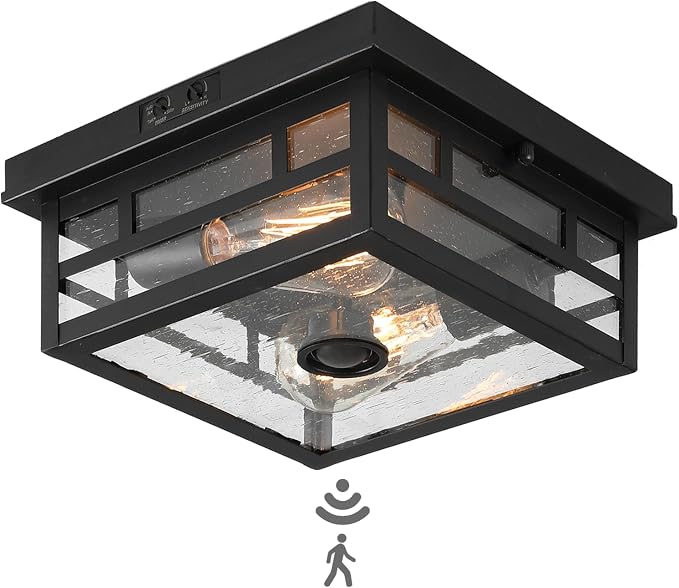 CALOKES Outdoor Flush Mount Motion Sensor Ceiling Light - Timeless Industrial Design with Seeded Clear Glass for Your Porch, Driveway, Covered Patio, Farmhouse, and Entryway