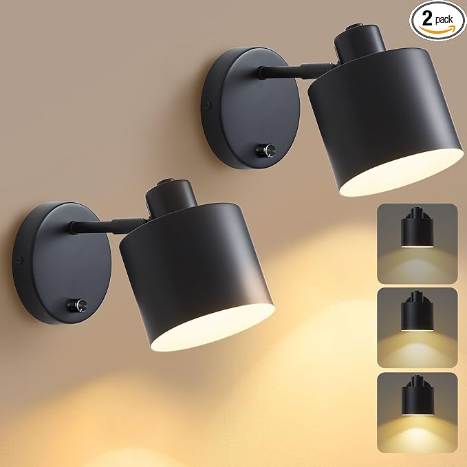 Lightess Black Farmhouse Hardwired Wall Sconce with Dimmer Switch Set of 2 | Dimmable Switch Wall Lights Industrial Rustic Housing, Hardwired Mount Works Great For Bedroom Hallway Living Room Indoor