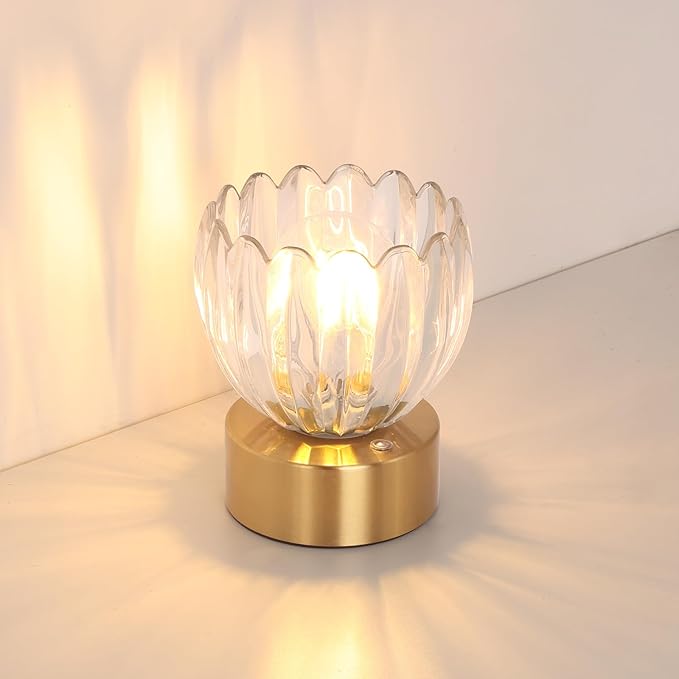 Shenmoyl Cordless Small Table Lamp with 5200mAh Battery & Touch Control, Battery Operated Tulip Table Lamp with 3 Colors, Rechargeable Mini Table Lamps for Bedsides, Bedroom, Nightstand (Transparent)
