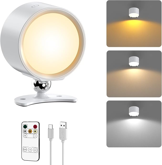 Smiling Shark Wall Light F9, Rechargeable Wall Mounted Lamp LED 3 Color & 4 Brightness Stepless Dimming 360° Rotate Magnetic Ball Cordless Wall Sconce Lamp for Bedroom Reading Bedside (1, White)