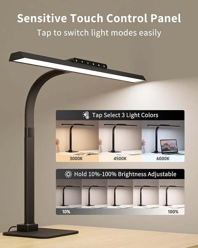 Architect Desk Lamp for Office, Bright Gooseneck Light with Stable Base | 24W Gooseneck Eye-Caring Touch Control Desk Lights, Dimmable Brightness & Color Computer Lights for Desktop