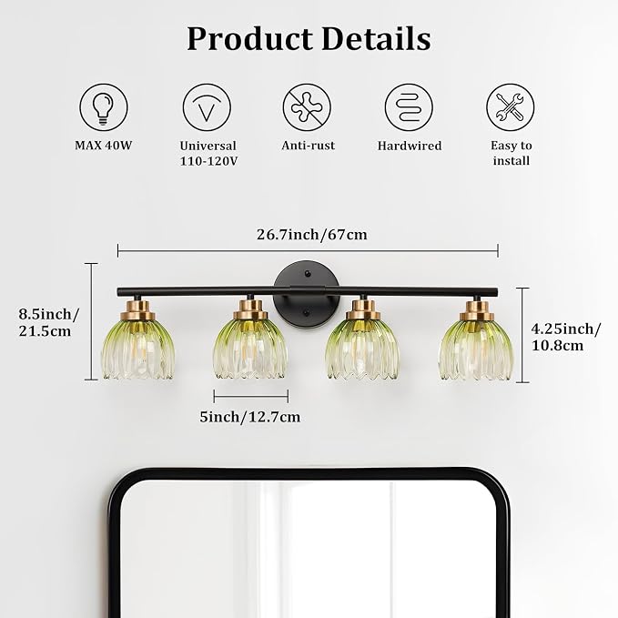 TALOYA Black Gold 4-Light Bathroom Vanity Light with Green Tulip GlassShade | Modern Vanity Lighting Fixtures, Bathroom Lights Over Mirror, Wall Mount Mirror Light Fixtures for Bathroom Hallway Bedroom