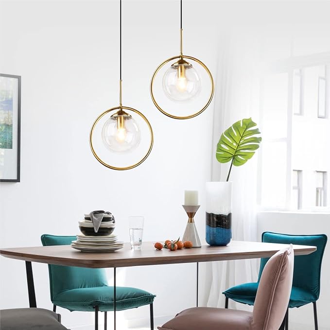 BOKT Clear Bubble Glass Globe Pendant Light Brushed Gold Circle Round Pendant Lighting Mid Century Modern 1-Light Large Single Kitchen Island Bar Lighting Fixture Ceiling Hanging