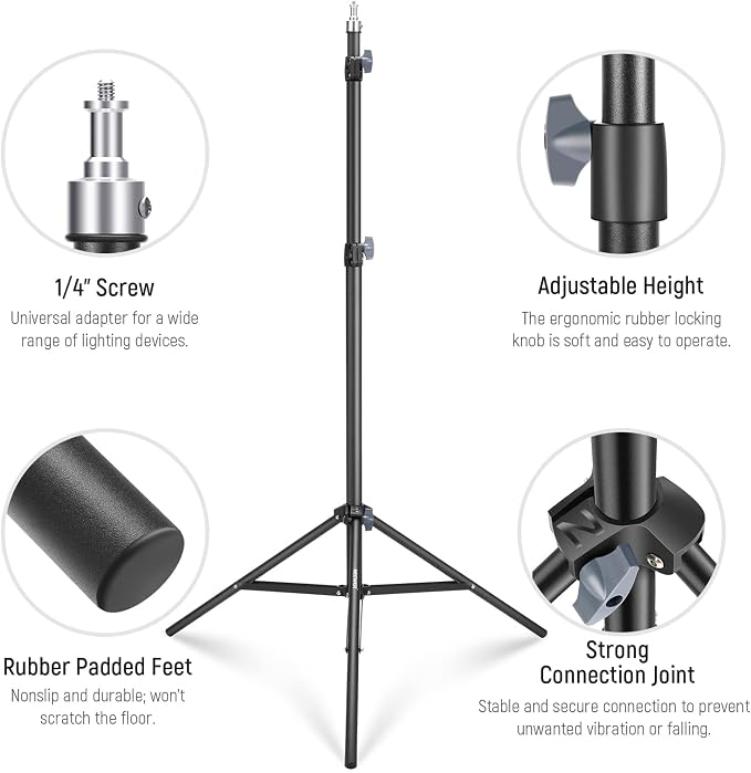 NEEWER Photography Light Stand 2.85-6.6ft/87-200cm, Spring Loaded Aluminum Tripod Stand with ø28mm Thicker Tube Diameter for Ring Light/LED Light/Strobe Flash/Softbox, Max Load 22lbs, ST-200
