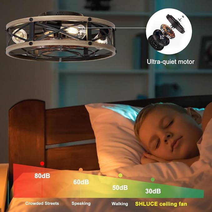 SHLUCE 19" Farmhouse Caged Flush Mount Ceiling Fan with Light, Rustic Fandelier Bladeless Ceiling Fans with Lights and Remote, Small Low Profile Ceiling Fan with Light for Kitchen, Bedroom - ETL