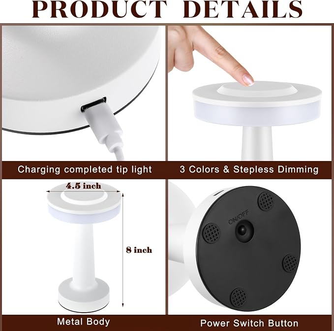 Riakrum 2 Pcs White LED Portable Cordless Table Lamp Bulk with Touch Sensor 3 Color Stepless Dimming Rechargeable Battery up to 15 Hours Cordless Table Light Wireless Lamp Wedding Home