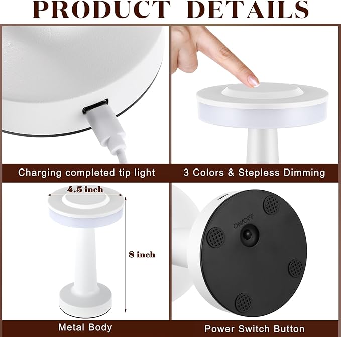 Riakrum 1 Pcs White LED Portable Cordless Table Lamp Bulk with Touch Sensor 3 Color Stepless Dimming Rechargeable Battery up to 15 Hours Cordless Table Light Wireless Lamp Wedding Home