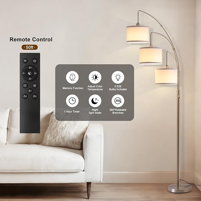 Floor Lamps for Living Room, 2400LM Super Bright Arc Floor Lamp with Remote Control, 3 Light Tall Floor Lights with Stepless Dimmable, 80" Mid Century Tree Floor Lamp for Bedroom, Office