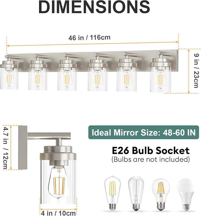 IZORRO Bathroom Vanity Light Fixture, 6-Light 46 Inch Brushed Nickel Bathroom Light Fixtures Over Mirror, with Clear Glass Shade, Modern Farmhouse Vanity Lights, Rustic Restroom Lighting Fixtures