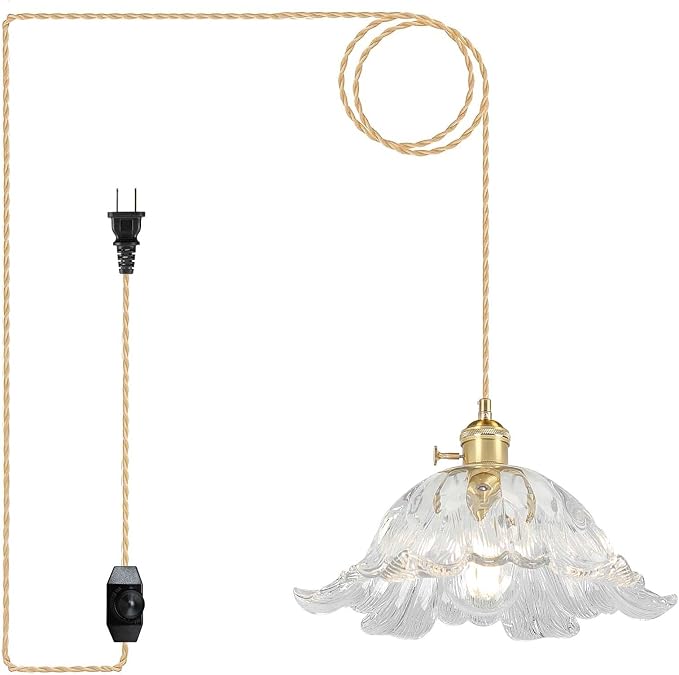 Plug in Pendant Light Fixtures,Hanging Light Fixture Flower Transparent Glass Pendant Light 11 inch E26 Pendant Lighting for Kitchen Island, Bedroom, Dining Room, Living Room