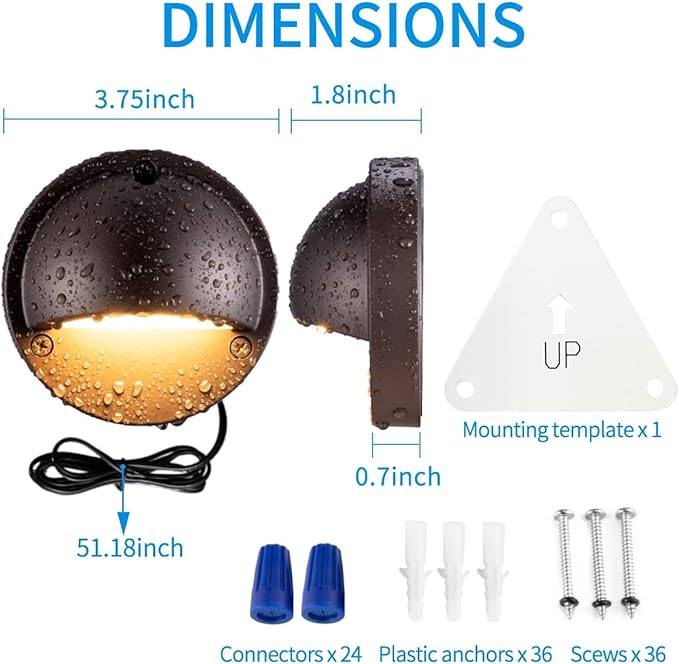 LED Low Voltage Deck Lights 3.74 Inch Landscape Lighting Fence Lights 2700K 180LM 12-24V AC/DC Aluminum Oil Rubbed Bronze Outdoor Step Light 2.5W IP65 with Wire Nuts 4FT Corded, 12 Pack