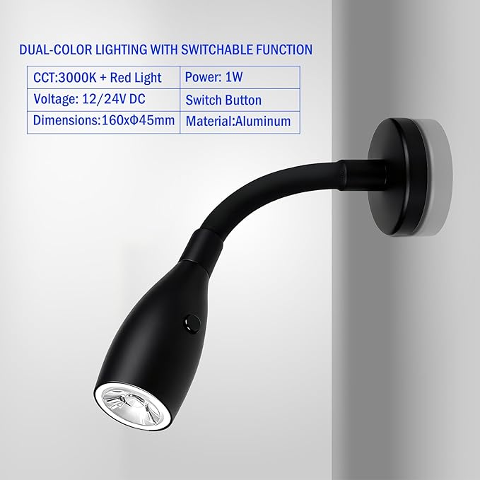 THALASSA Black RV 12V Flexible Gooseneck Reading Light Red Night Light Mode for Map, Camper Van Wall Sconce for 10V-30V System of Caravan Motorhome Trailer
