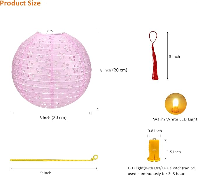 5Pack Paper Lanterns Chinese Japanese Hanging Paper Lanterns with LED Lights Sticks Tassels 8 Inch Round for Chinese Lunar New Year Party Decorations 2026 Spring Festival Wedding Asian Home Decor