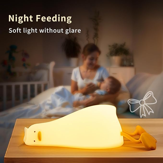 Duck Night Light, Soft Squishy Silicone Kids Nightlight, Lying Flat 3 Level Dimmable Touch Lamp with Timer, 1200mAh USB Rechargeable Baby Nursery Lamp,Xmas Gifts Kawaii Bedroom Decor