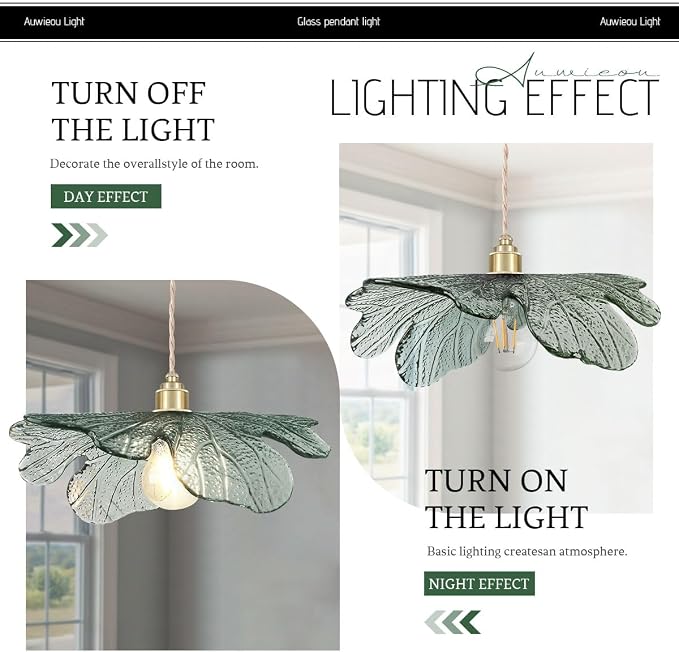 15.74" Large Glass Pendant Lights Dark Green Leaf Shade for Kitchen | Vintage Hanging Light Hand Blown Unique Flush Mount chandelier, Gold Brass E26, 59" Adjustable, Dimmable for Dining Room