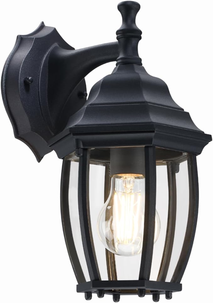 Outdoor Wall Light Fixture, Rustproof Aluminum, Glass | Large Exterior Porch Light Wall Sconce Lantern for House, Patio, Garage, Waterproof, E26 Socket 60W Max, Black