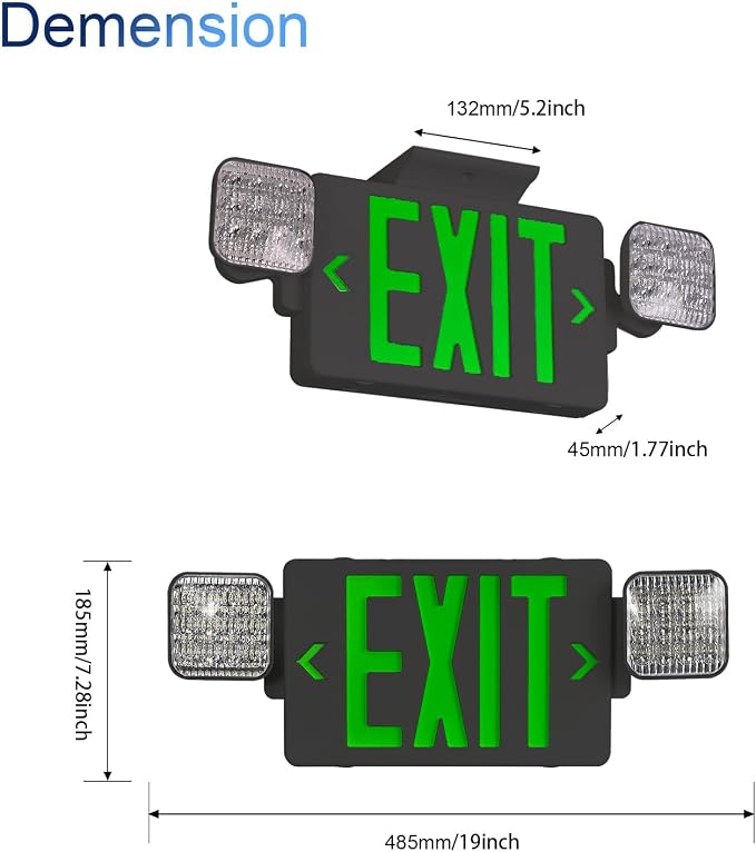 Black Green LED Exit Sign Emergency Light Combo, UL Listed Battery Backup | UL-listed commercial fire exit sign features 90-min battery backup, 360° rotating dual heads, and easy dual-mount setup.