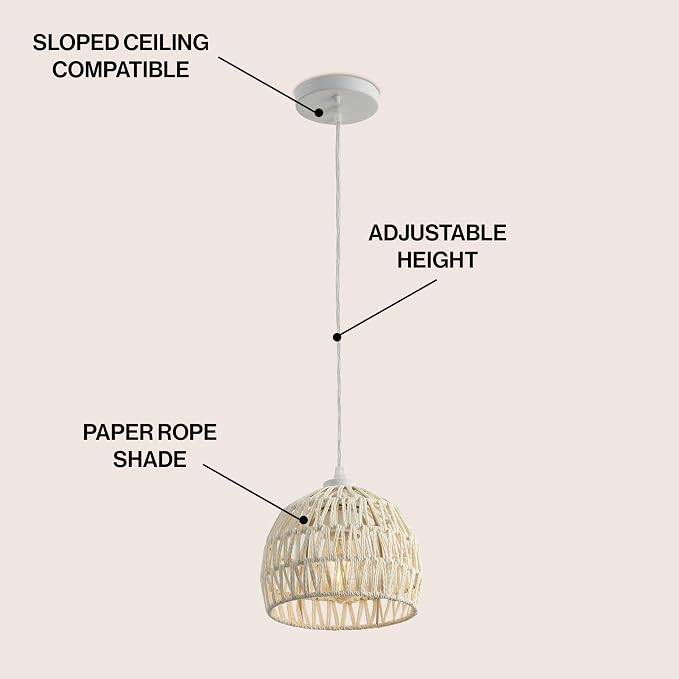 JONATHAN Y Campana 1-Light Pendant Dome Ceiling Lamp, 8.25", Cream | Modern Coastal Farmhouse Decor, Adjustable Height, Woven Rope Metal Frame, LED Bulb Included, UL Listed
