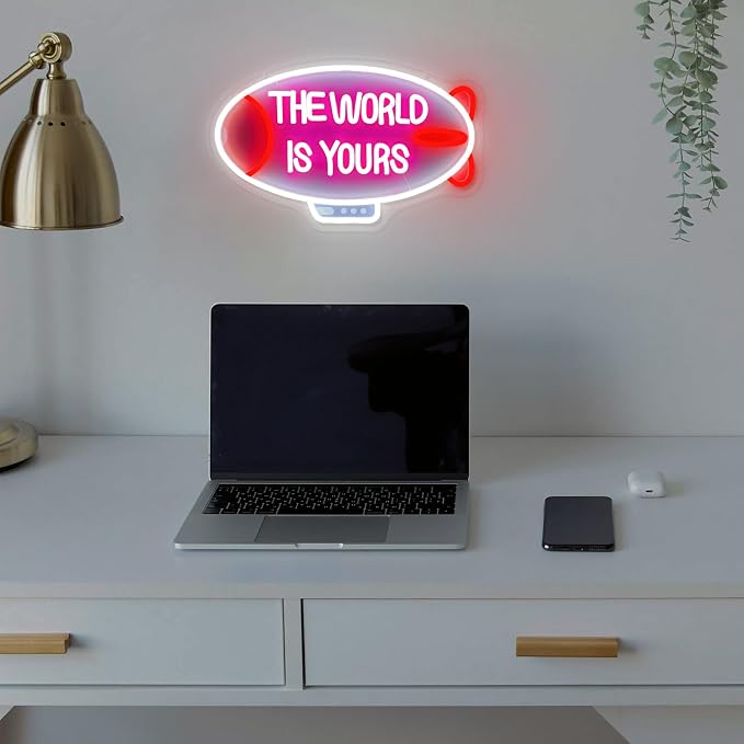 The World Is Yours Neon Sign Dimmable Blimp Neon Light for Wall Decor | USB Powered Airship Led Light Up Sign for Bedroom Game Room Man Cave Boy Teen Room Bar Birthday Party Wedding Valentines Day