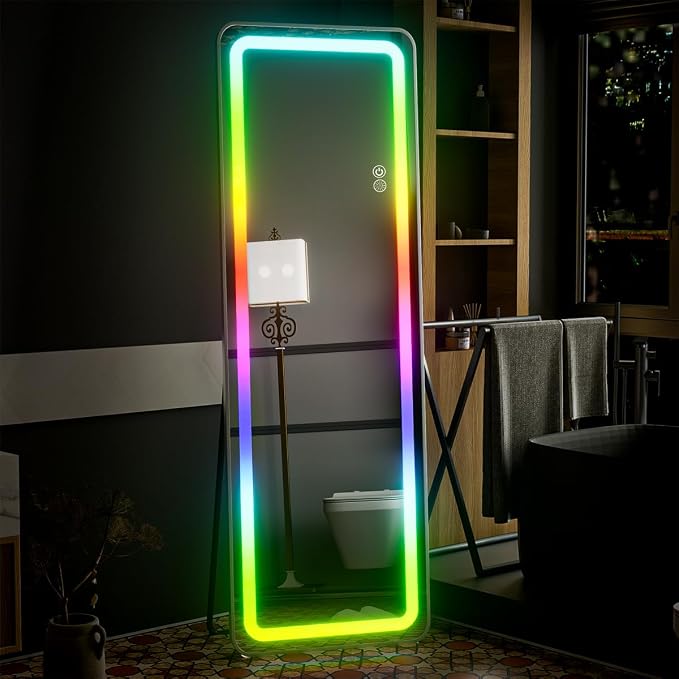 Koonmi Full Length Mirror with LED Lights, 60"x16" Lighted Mirror with Remote Control, RGB Color Changing Lights, 7 Dynamic Modes, Dimmable Brightness