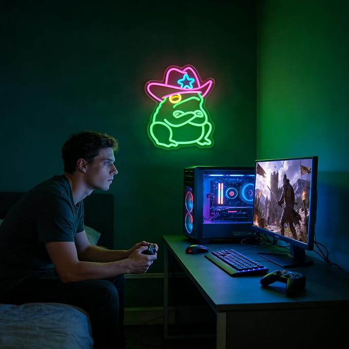 Cowboy Frog Neon Sign Green Toad LED Light Wall Decor for Man Cave Room | Dimmable Western Cowboy Toad Neon Sign Funny Decor for Frog and Toad Lover Gaming Room Bedroom Pub Bar Unique Gift Idea