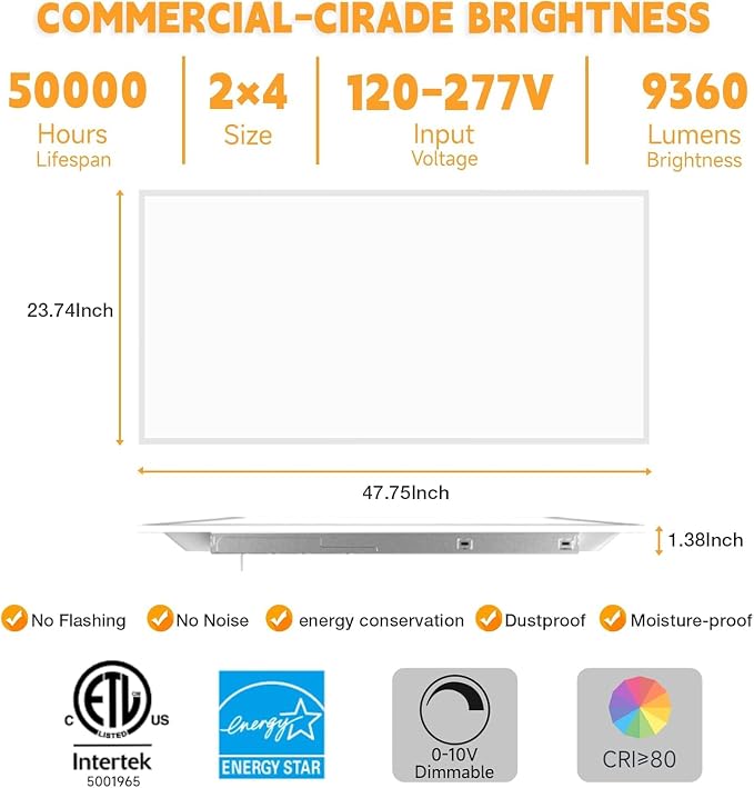 OKQ 2x4 LED Flat Panel Light Drop Ceiling Office Fixture, 5 CCT 3000K-6500K Adjustable & 5 Wattage Selectable,0-10V Dimmable, 2X4 LED Flush Mount Ceiling Light, ETL Listed 48Pack