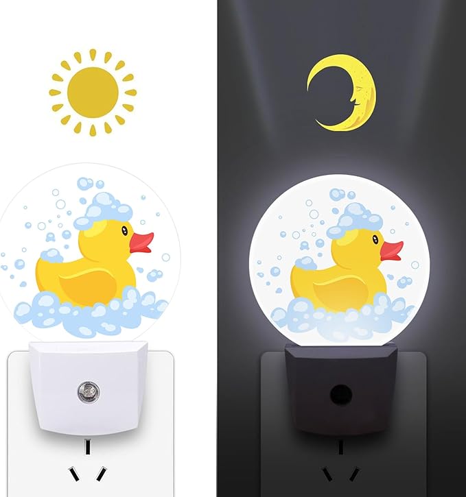 Round LED Night Light,Cartoon Yellow Rubber Duck LED Night Light Plug into Wall with Dusk to Dawn Light Sensor White Energy Efficient Nightlight for Bedroom Bathroom Hallway LivingRoom Kitchen