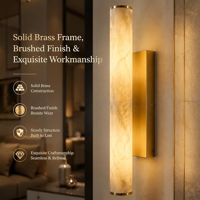 Alabaster Wall Sconces Set, 24in 3-Color Changing Spanish Natural Marble Wall Sconce, Hardwired Brass Gold LED Wall Fixture for Bathroom, Bedroom, Living Room, Hallway, Staircase (1 Pack)