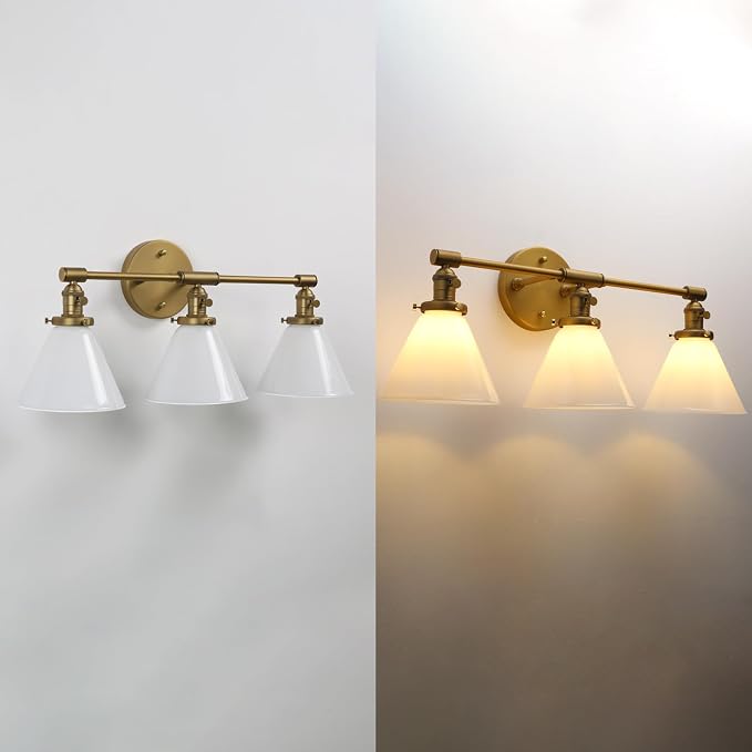 Vintage Industrial 3-Light Bathroom Vanity Light with Milk Glass lampshade – Antique Brass Wall Sconce for Over Mirror, E26 Socket, Dimmable Compatible, Hardwired Installation