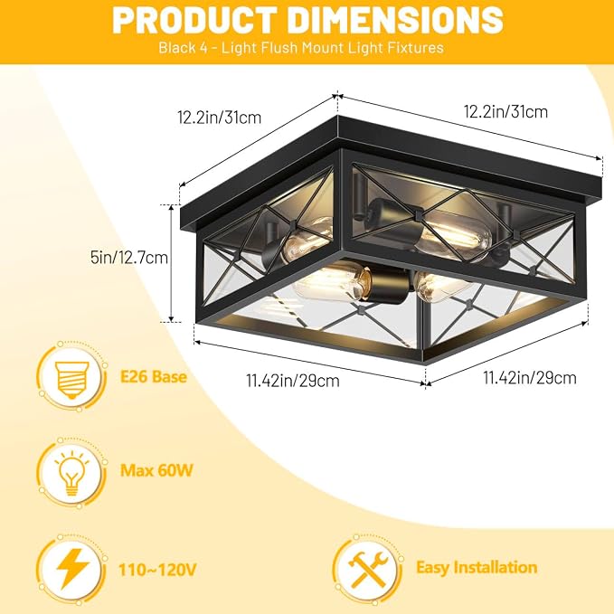 Asnxcju 12" Square Flush Mount Ceiling Light with Clear Glass Shade, 4-Light Farmhouse Outdoor Porch Ceiling Light Fixtures, Black Hallway Light Fixtures Mount for Garage Living Room Foyer