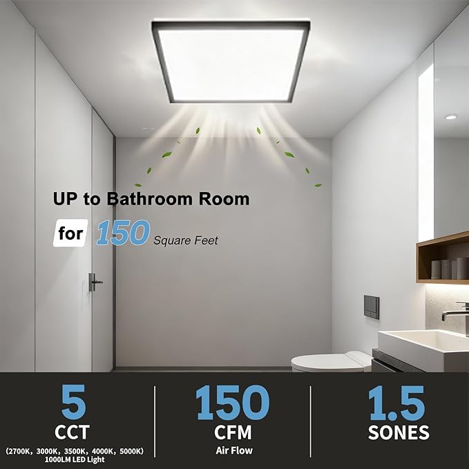 Tech Drive Modern Black Bathroom Exhaust Fan with Light - 150 CFM, 1000lm Dimmable 5CCT LED Light with Night Light Selectable, 6-Inch Duct Quiet Ventilation Fan, Decorative Black Trim, Easy to Install