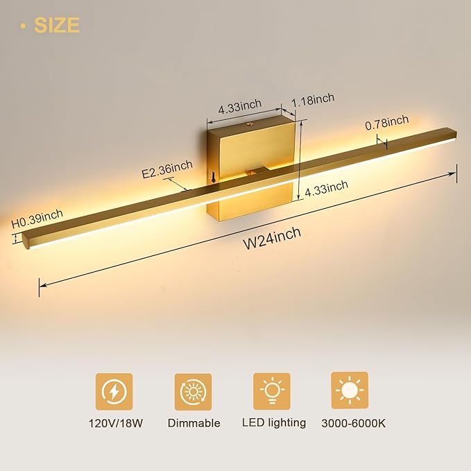 Modern Bathroom Vanity Light 24 Inch, 18W Brushed Brass Bathroom Light Fixture Over Mirror, Dimmable 5CCT LED Wall Sconce Lighting for Restro
