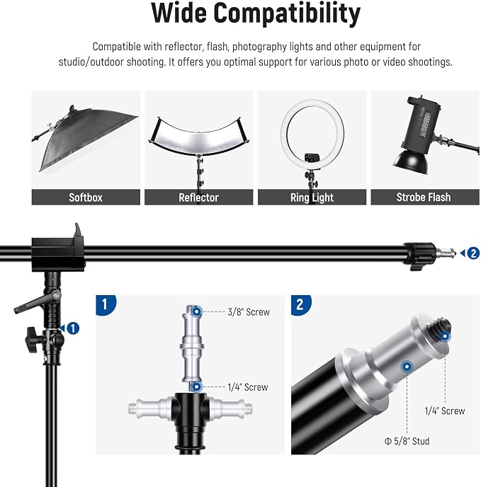 NEEWER Air Cushioned Aluminum Light Stand, 9.8ft/3m Adjustable Photography Stand with Boom Arm, Counterweight, Sandbag, 1/4" Screw for Softbox, Studio Flash, Umbrella, Ring Light, Max Load 5kg