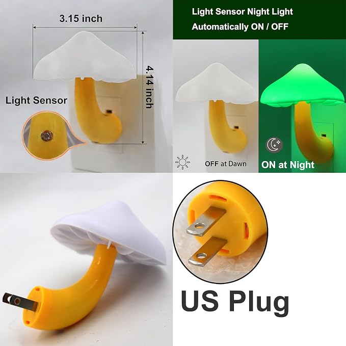 LED Mushroom Night Light Plug in Lamp, Light Sensor Night Lights Plug into Wall, Dusk to Dawn Sensor Night Light for Adults Kids Room Bedroom Bathroom Hallway Kitchen (3, Green)