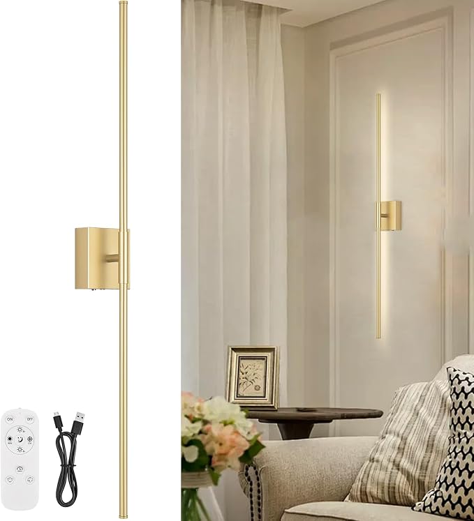 Battery Operated Wall Sconce, 3000K-6000K Dimmable Gold Wall Lights with Remote Control, Timable LED Wireless Wall Sconces, 350° Ratate for Bathroom, Living Room, Hallway 39.4 Inch 1 Pack