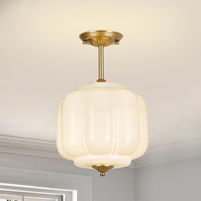 9.4" Milk Glass Semi Flush Mount Ceiling Light Fixture, Vintage Gold Ceiling Lamp for Hallway, Kitchen, Bedroom, Entryway, Antique Mid Century Lighting with Scallop Shade for Small Rooms
